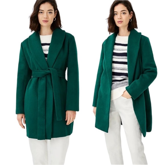 NEW Ann Taylor Shawl Collar Belted Wrap Coat in Fresh Evergreen SP - Picture 1 of 15